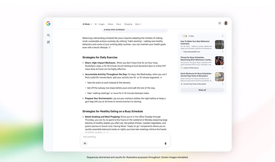 Screenshot der Google-Suche im AI Mode: eine KI-Antwort ersetzt die klassische Linkliste.